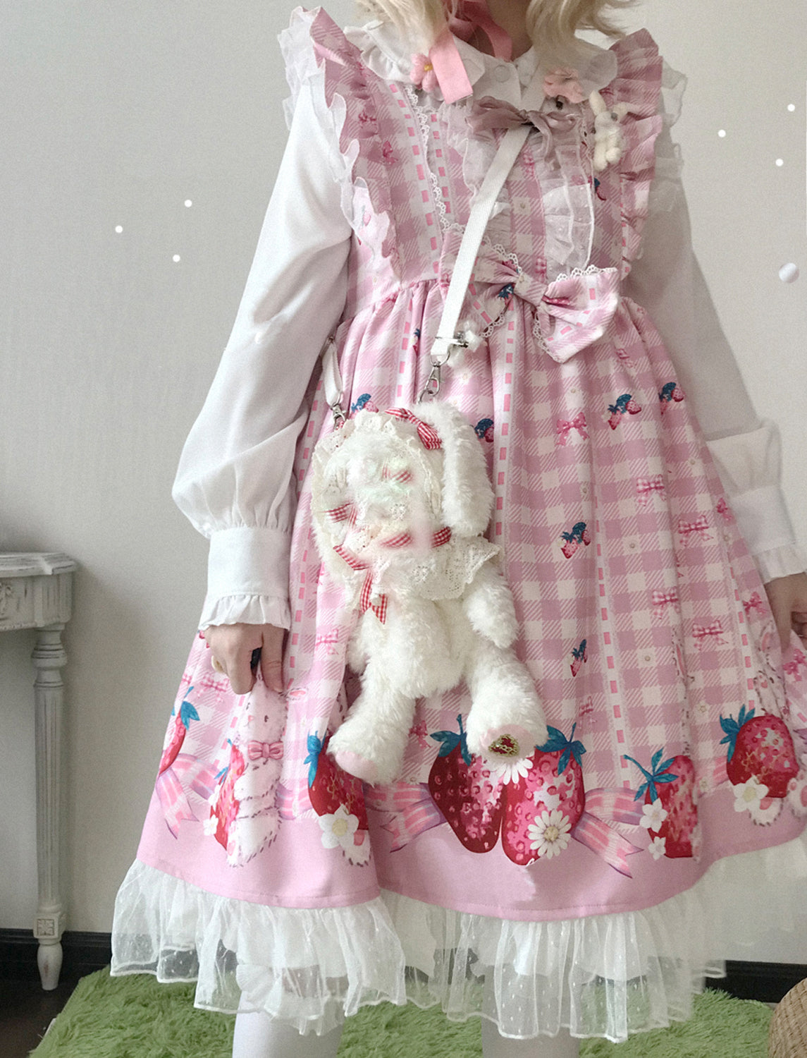 Kawaii Rabbit Strawberry Plaid Lolita JSK Dress with Gingham Print Lace Trim